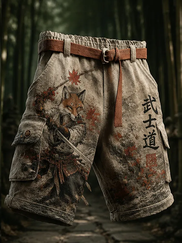 Men's Samurai Fox Bushido Japanese Ink Art Print Casual Shorts