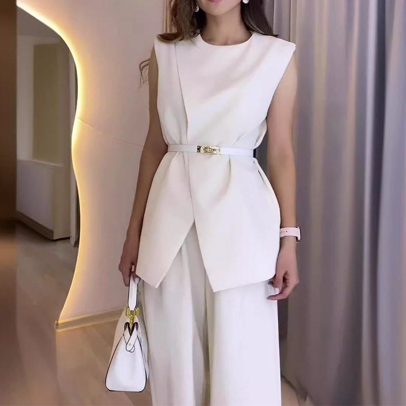 Women's Tops Solid Color Round Neck Sleeveless Belt Pocket Straight Leg Wide Leg Pants Set