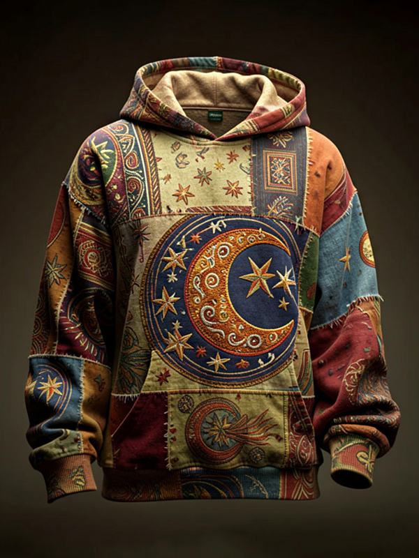 Men's Moon And Star Symbol Art Print Pocket Hoodie