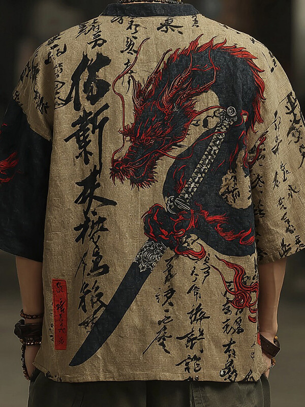 Men's Dragon And Sword Japanese Calligraphy Art Print Drop Shoulder Casual T-Shirt