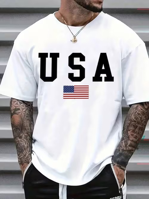 Men's USA Flag Print Cotton Casual T-Shirt
