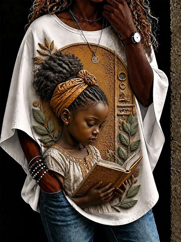 Women's Serious Black Girl Reading Print Long Sleeve T-Shirt