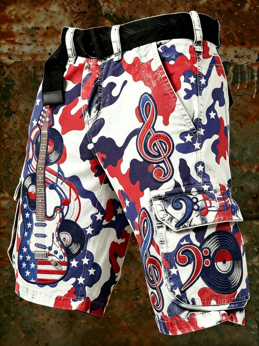 Men's Music Note And Guitar Camo Art Print Casual Shorts