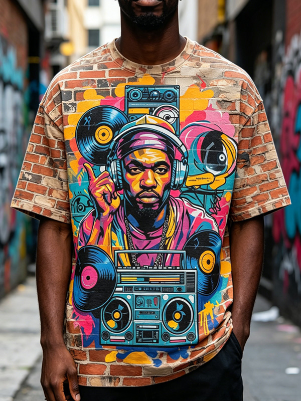 Men's Vintage Brick Wall Hip-Hop Music Art Print T-Shirt