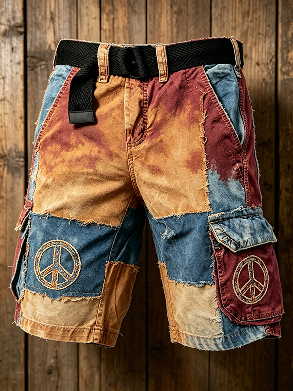 Men's Hippie Tie-Dye Patchwork Peace Sign Art Print Casual Shorts