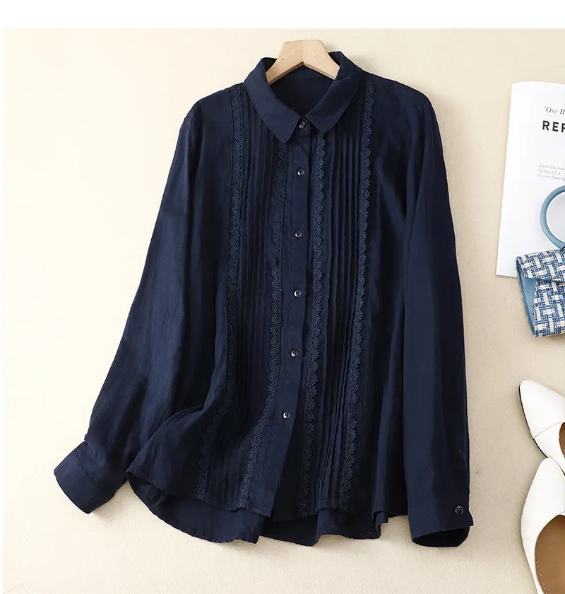 Women's Patchwork Lace Trim Linen And Cotton Pleated Shirt