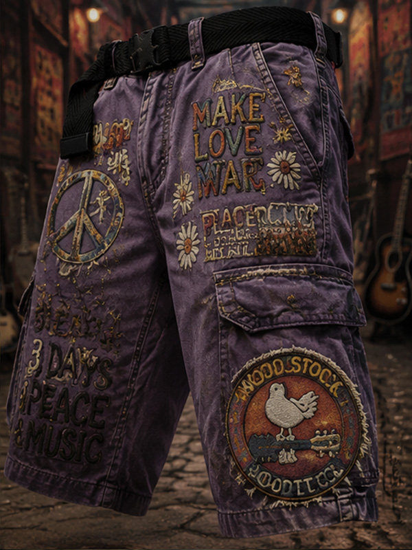 Men's Peace Hippie Patchwork Art Print Casual Shorts