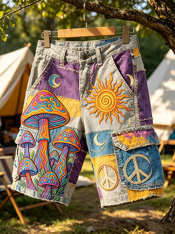 Men's Patchwork Mushroom Peace Sign Art Print Casual Shorts