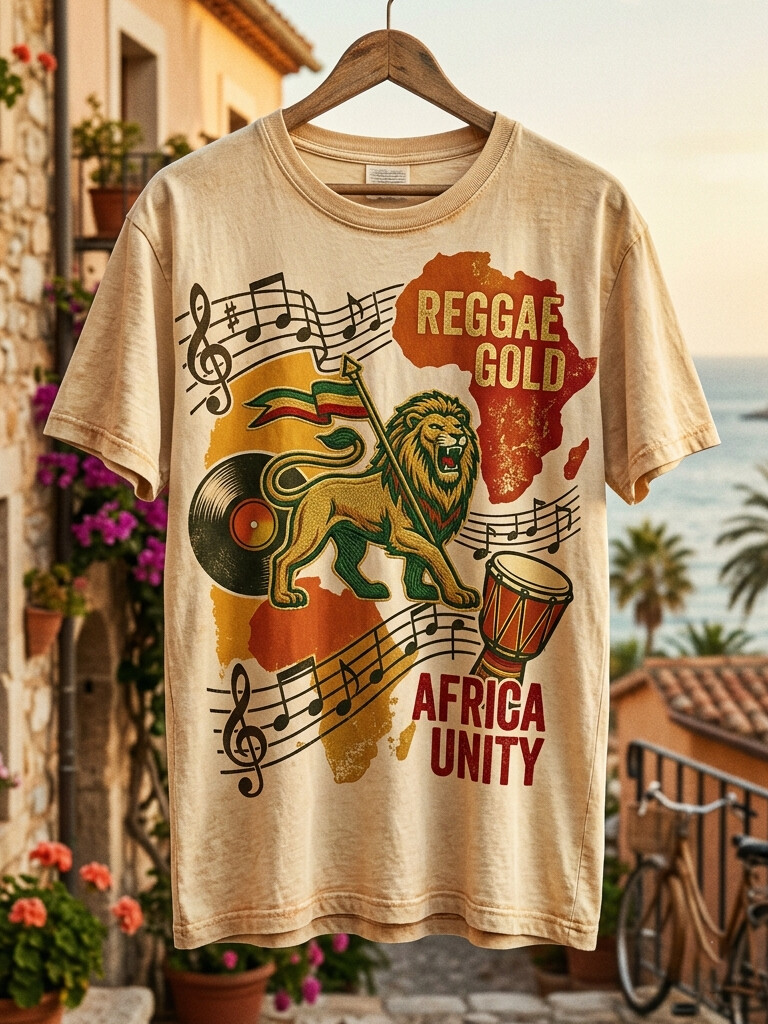 Men's Reggae Gold Africa Unity Lion & Vinyl Print Cotton Casual T-Shirt