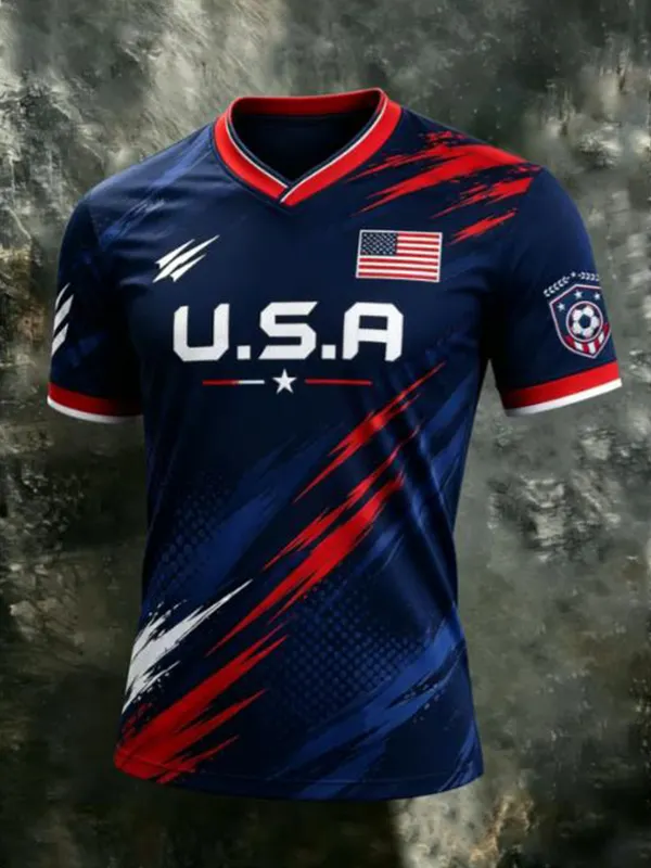 Men's USA Flag Football Themed Print Sporty V Neck T-Shirt