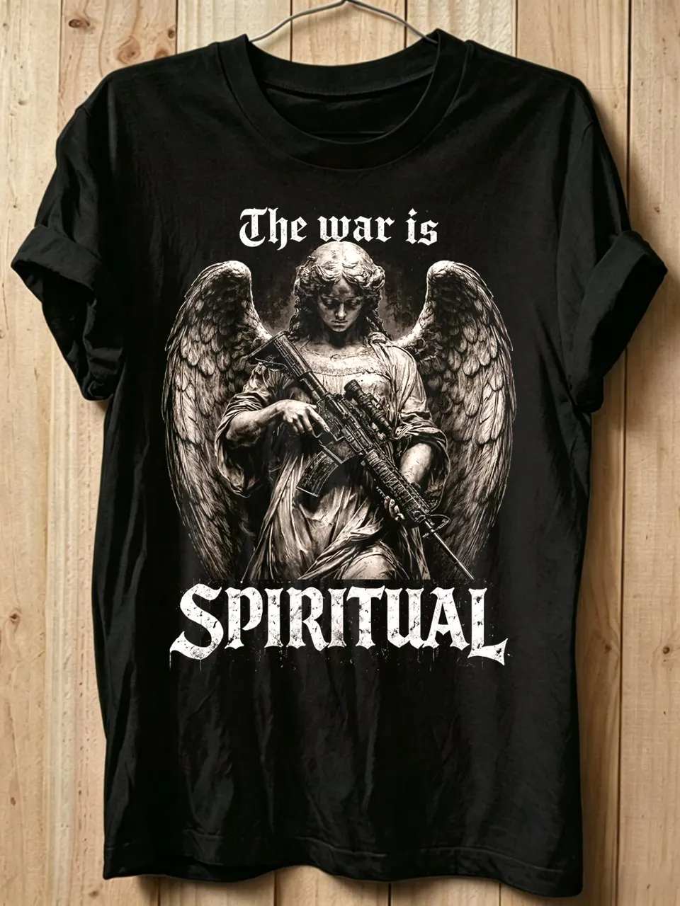 Men's Vintage Distressed Angel Gun The War Is Spiritual Graphic Print Cotton Casual T-Shirt