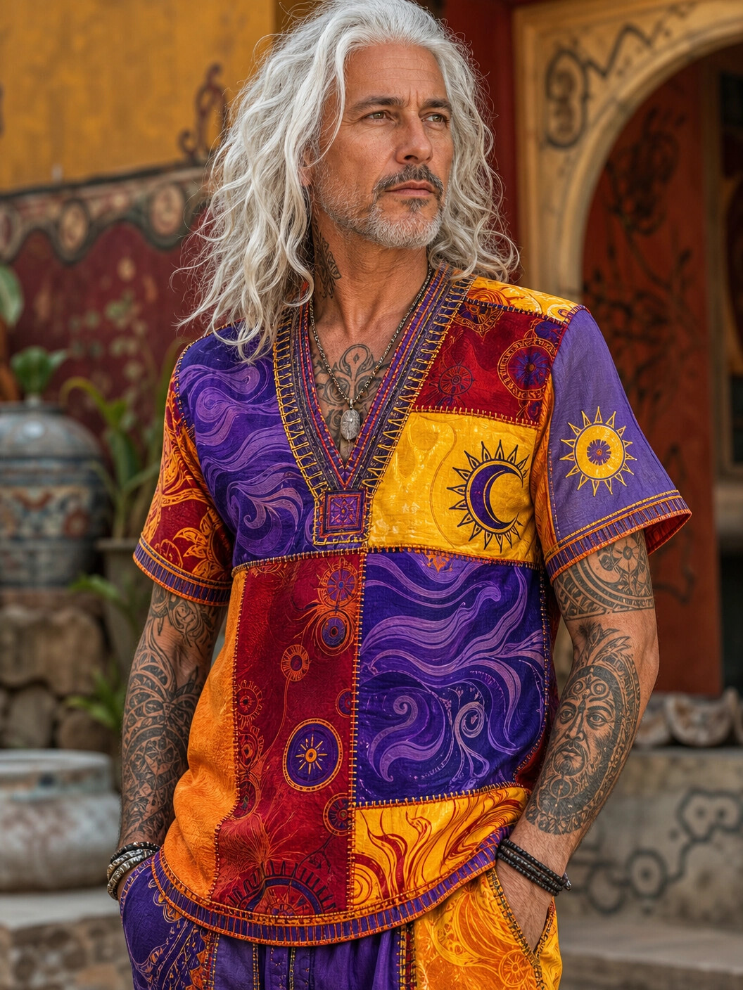 Men's Colorblock Hippie Sun Moon Art Print Casual V Neck T-Shirt