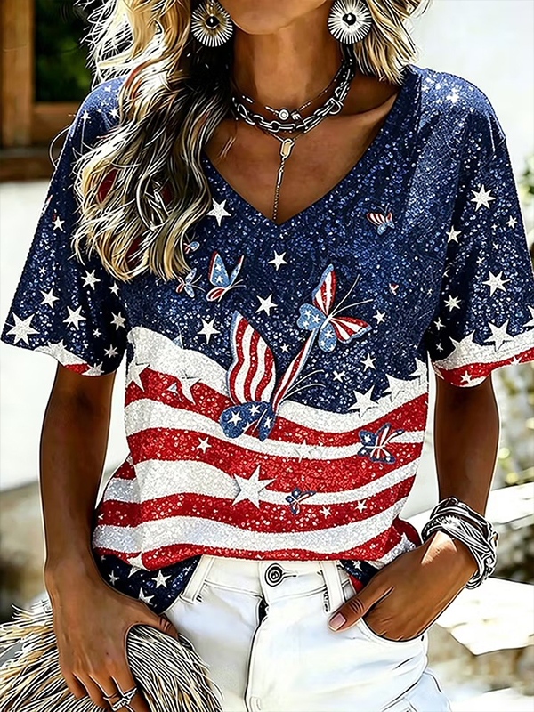 Women's Retro Glitter Butterfly American Flag Art Print Casual V Neck T-Shirt