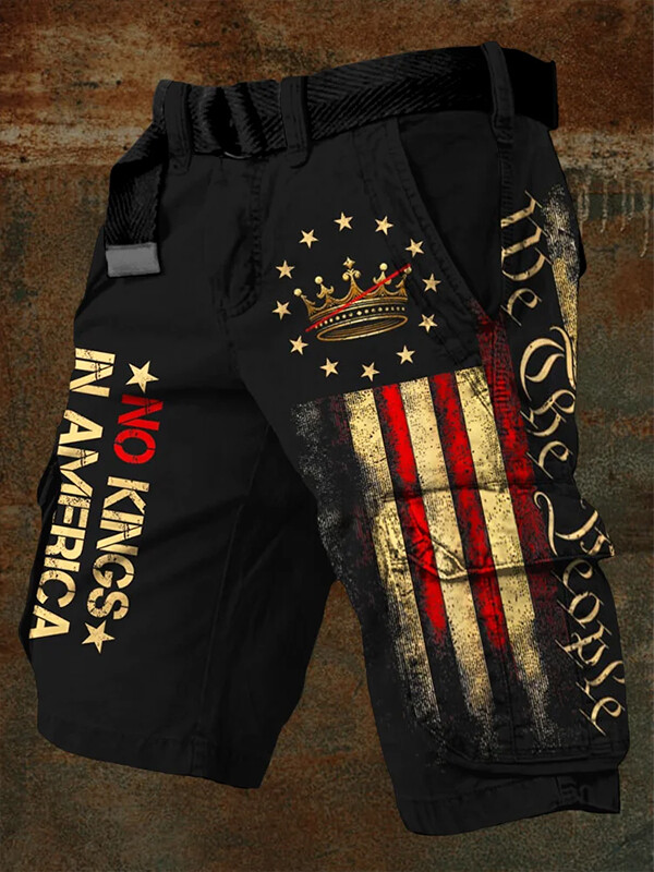 Men's American Flag No Kings In America We The People Print Denim-Like Cargo Shorts