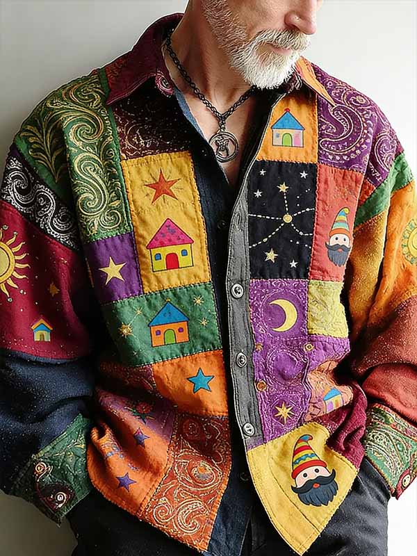 Men's Hippie Art Colorblock Cartoon Graphic Print Long Sleeve Shirt