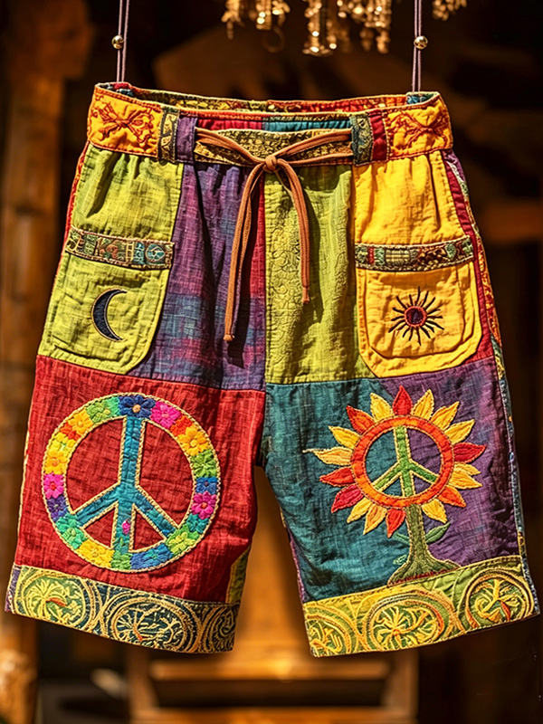 Men's Hippie Style Peace Sign Sunflower Patchwork Color Block Art Print Casual Shorts