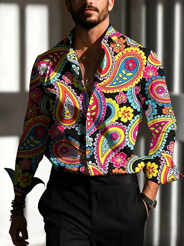 Men's Vibrant Paisley Floral Art Print Long Sleeve Shirt