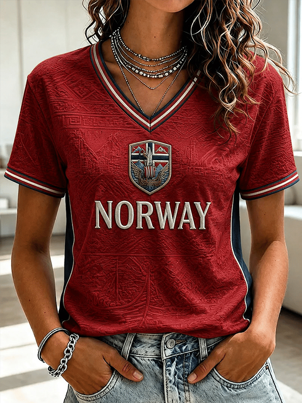 Women's Norge 2026 Norwegian Football Art Print V Neck Short Sleeve T-Shirt