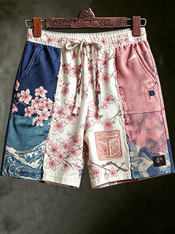 Men's Japanese Sakura Patchwork Print Casual Shorts