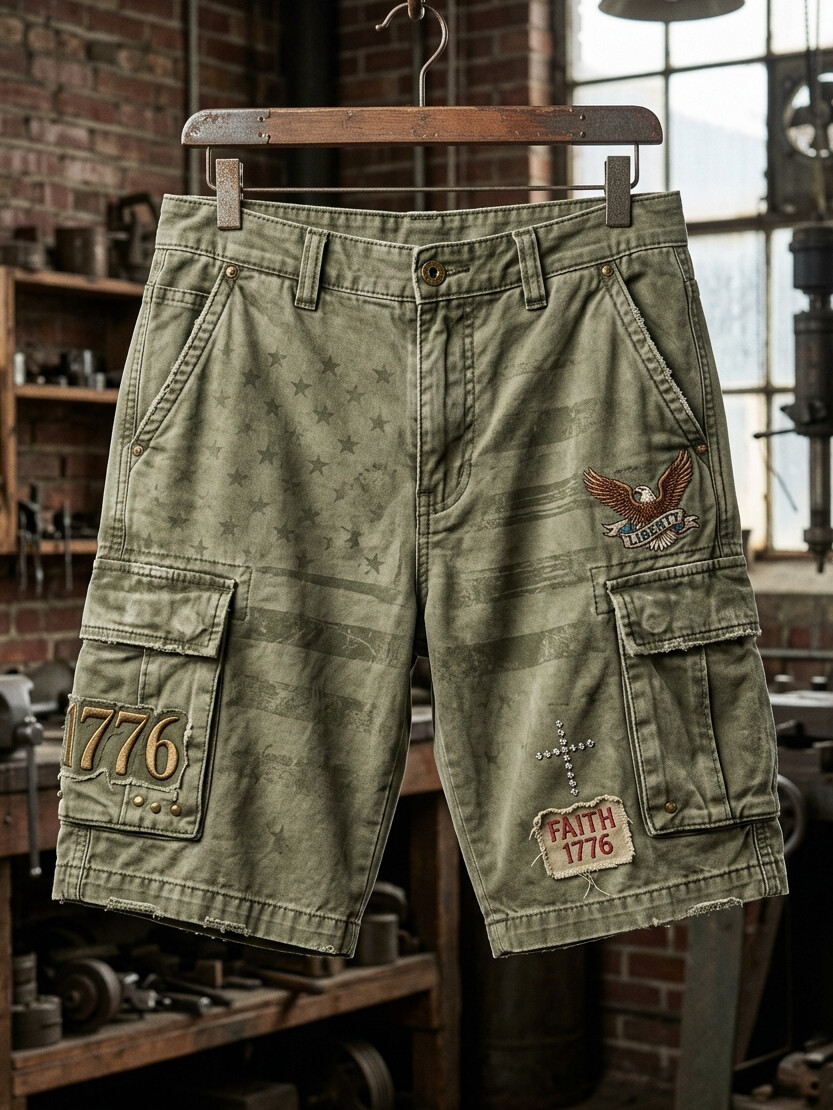 Men's Independence Day Retro Eagle Art Print Cargo Shorts