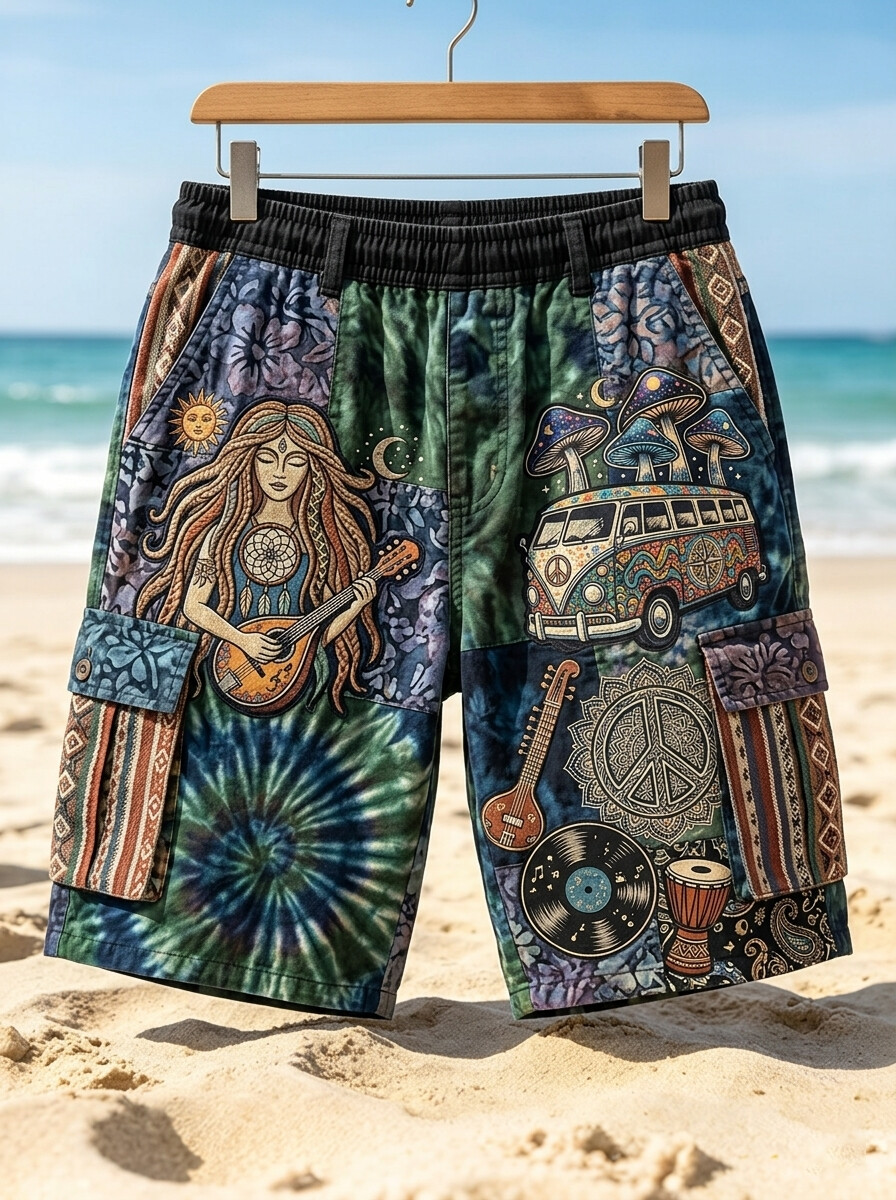 Men's Hippie Vibes Bus Mushroom Tie-Dye All Over Print Cargo Shorts