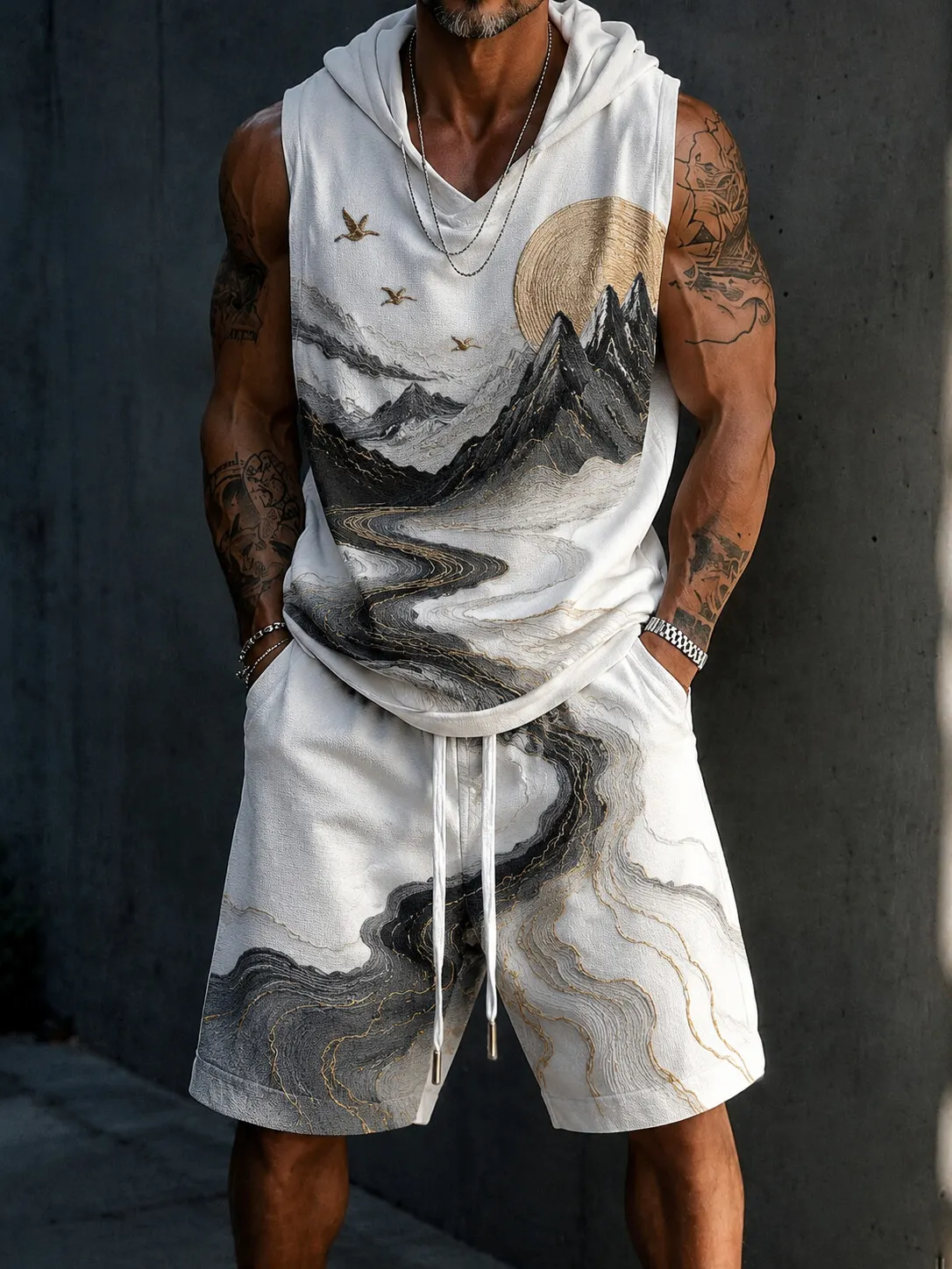 Men's Ink Mountain River Golden Sun Crane Silhouette Print Hooded Tank Top Shorts Matching Set
