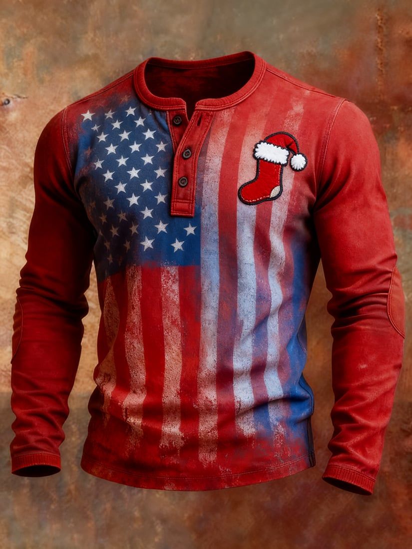 Men's Independence Day Christmas Stocking Print Henley Long Sleeve T-Shirt