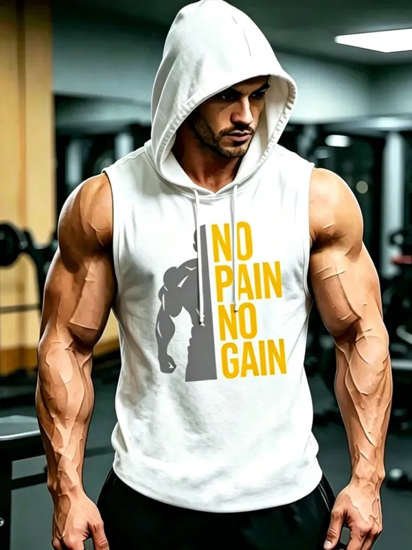 Men's No Pain No Gain Muscle Silhouette Print Hooded Tank Top