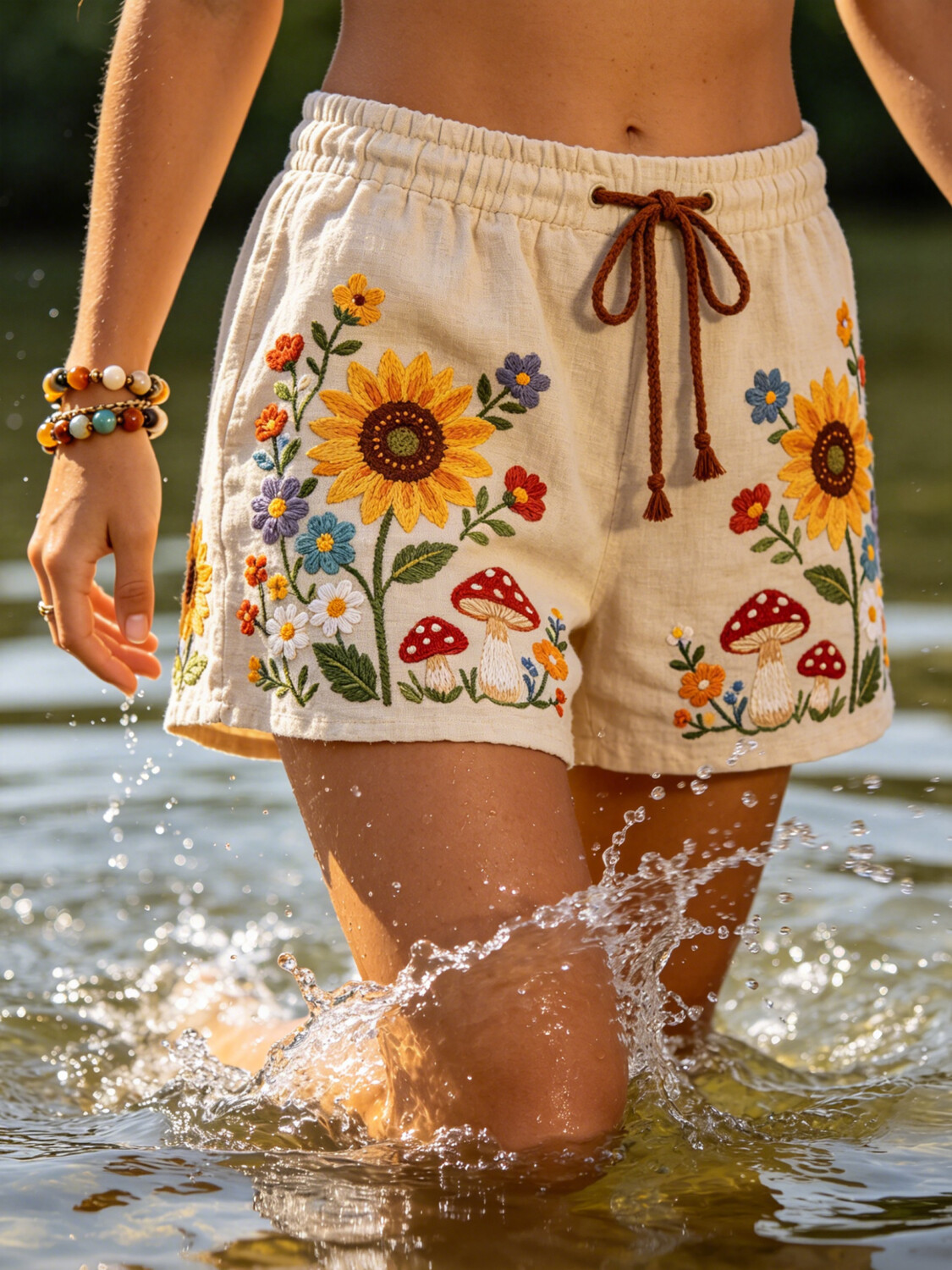 Women's Boho Sunflower And Mushroom Art Print Casual Shorts