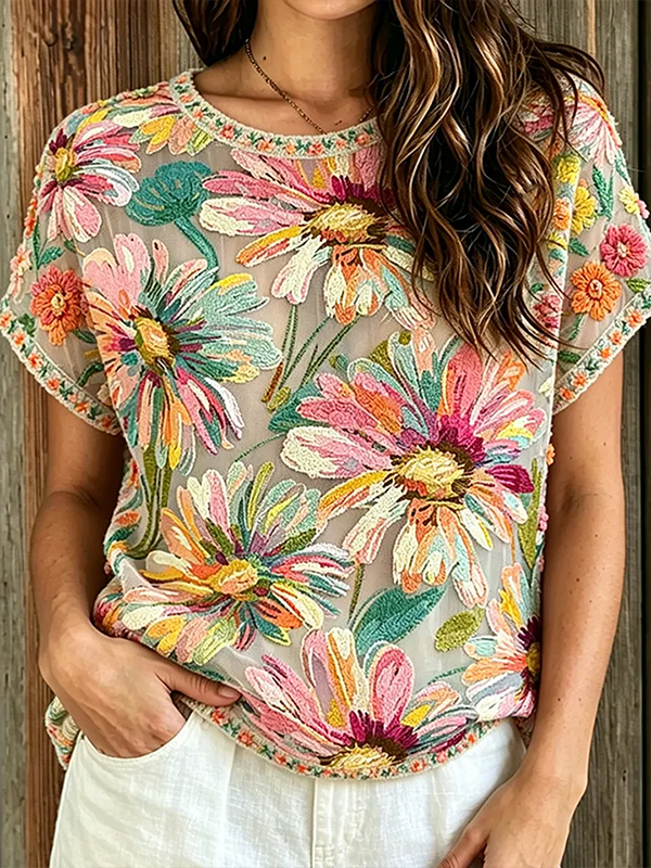 Women's Oil Painting Art Floral Print Casual T-Shirt