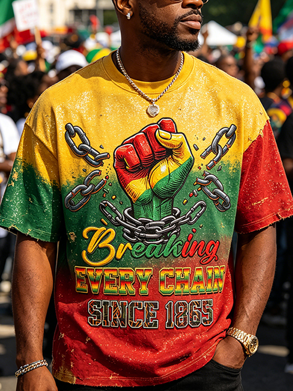 Men's Juneteenth Breaking Every Chain Since 1865 Fist Glitter Gradient Print T-Shirt