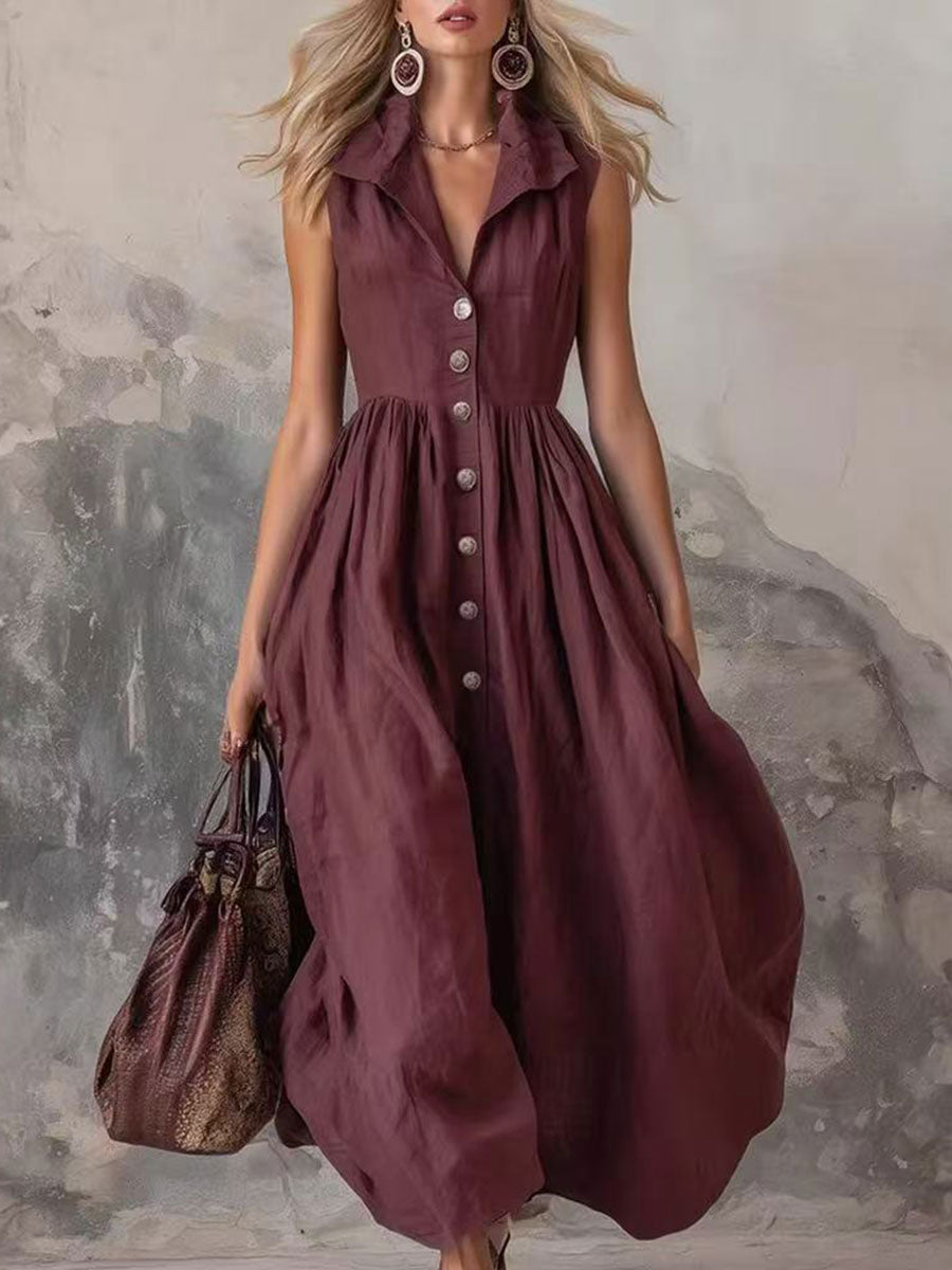 Women's Solid-color Sleeveless Cotton-linen V-neck Flared Dress