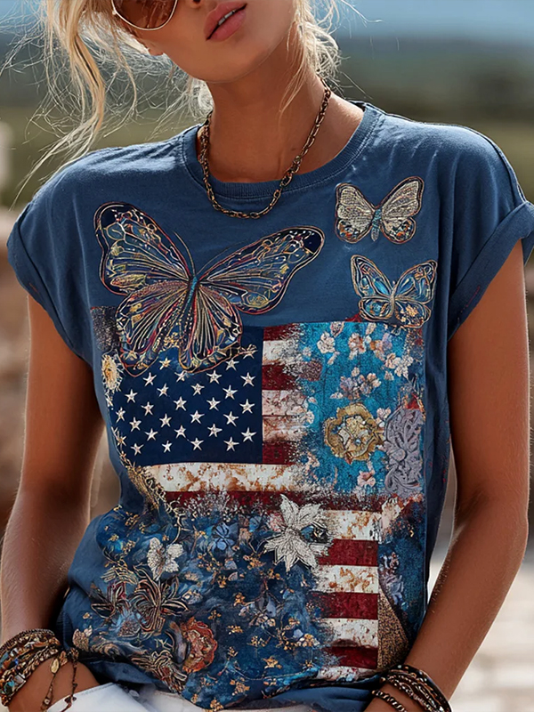 Women's American Flag Butterflies Print Casual T-Shirt