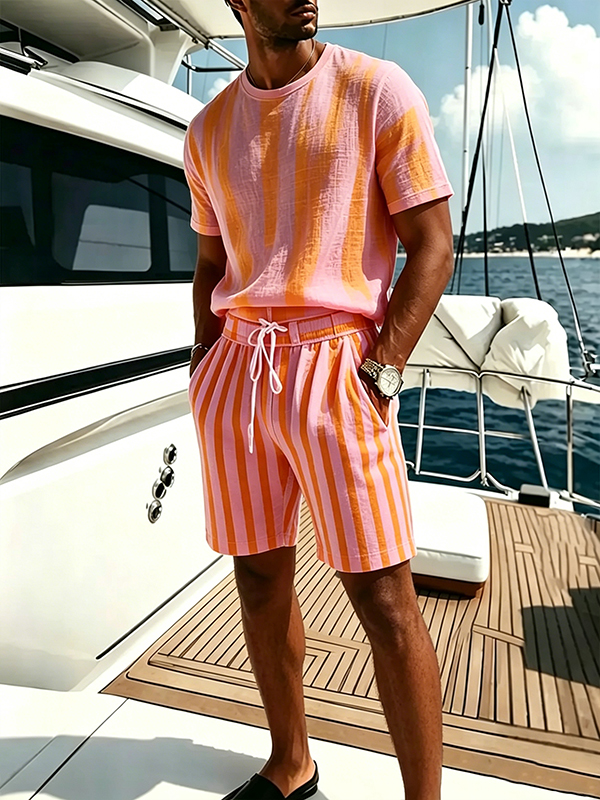 Men's Casual Stripe Art Print T-Shirt Shorts Set