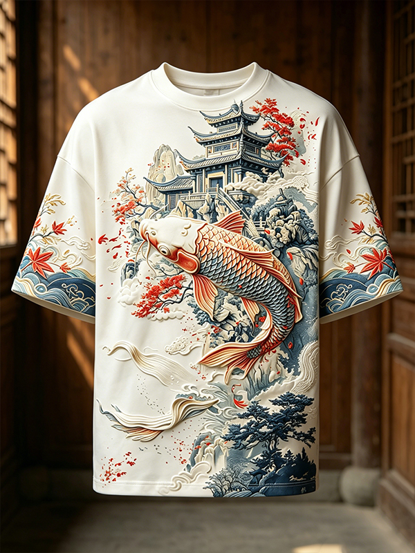 Men's Japanese Koi Fish & Pagoda Landscape Print T-Shirt