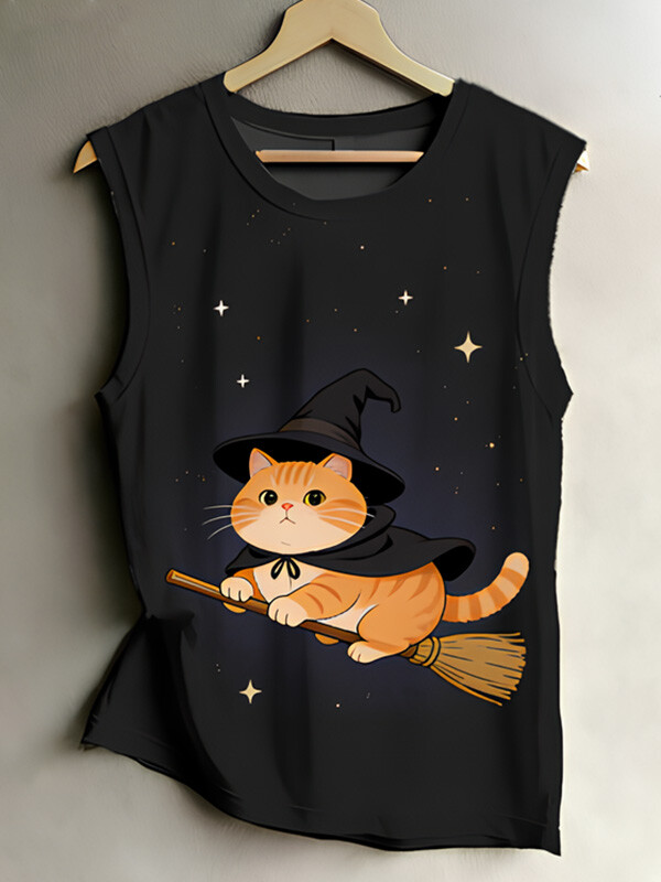 Women's Magic Cat Wizard and Broomstick Print Casual Tank Top