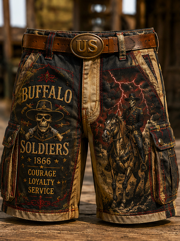 Men's Skull Buffalo Soldiers Dark Art Illustration Print Cargo Shorts