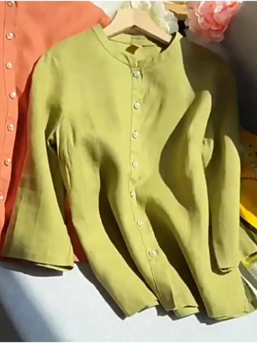 Women's Tencel Linen Stand Collar Pearl Button Shirt