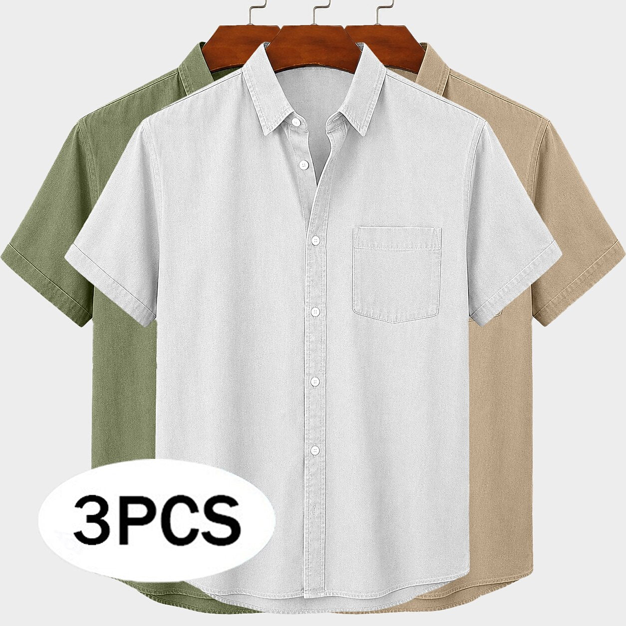 **3-Pack Vintage Broken-In Cotton Shirts - Patriotic Casual Wear** - White+Green+Khaki M