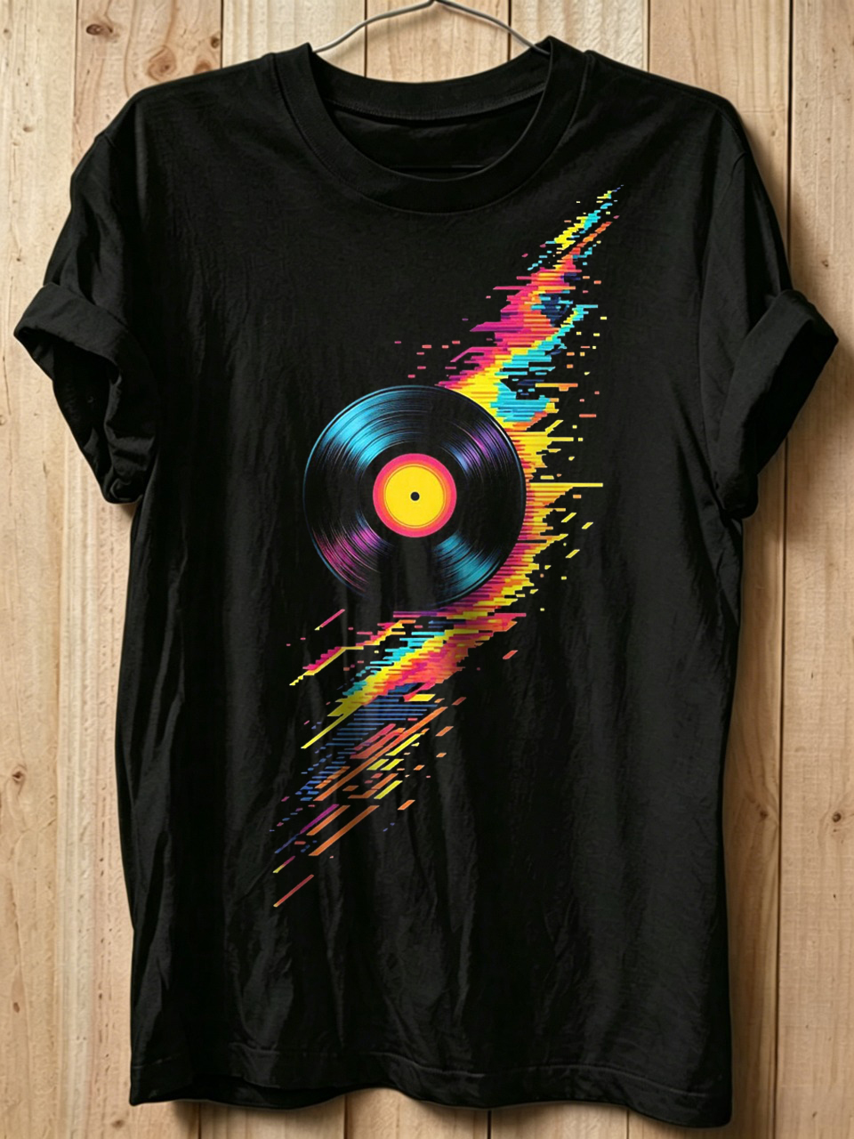 Men's Neon Vinyl Record Print Cotton Casual T-Shirt
