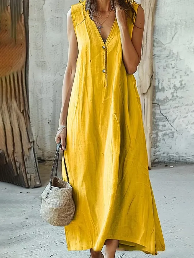 Women's Solid Color Cotton And Linen Mid-Length Sleeveless Vest Dress