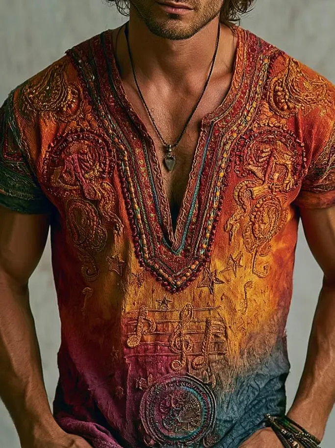 Men's Gradient Music and Hippie Art Print Casual Notch Neck T-Shirt