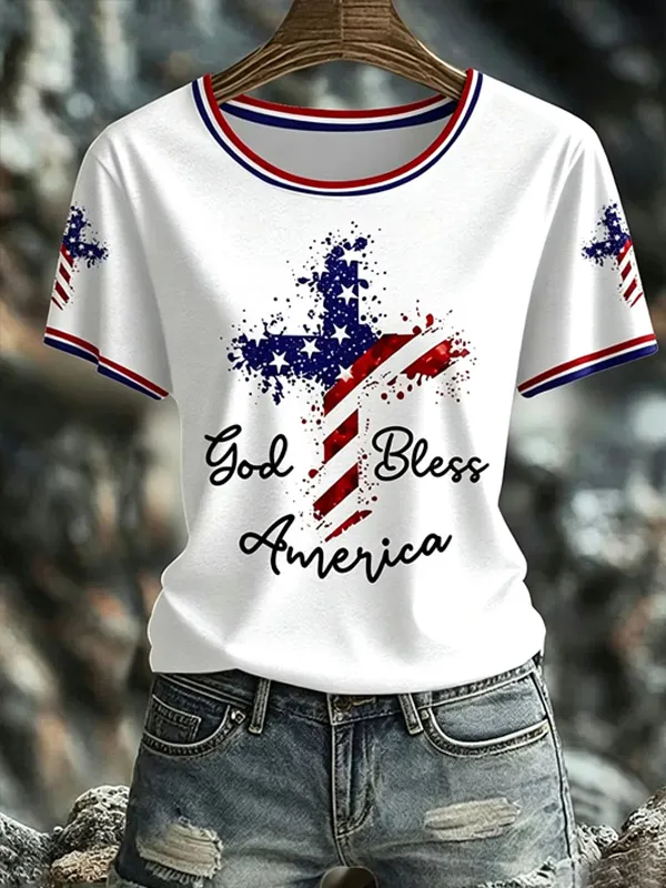 Women's God Bless America Splatter US Flag Cross Art Print Casual T-Shirt