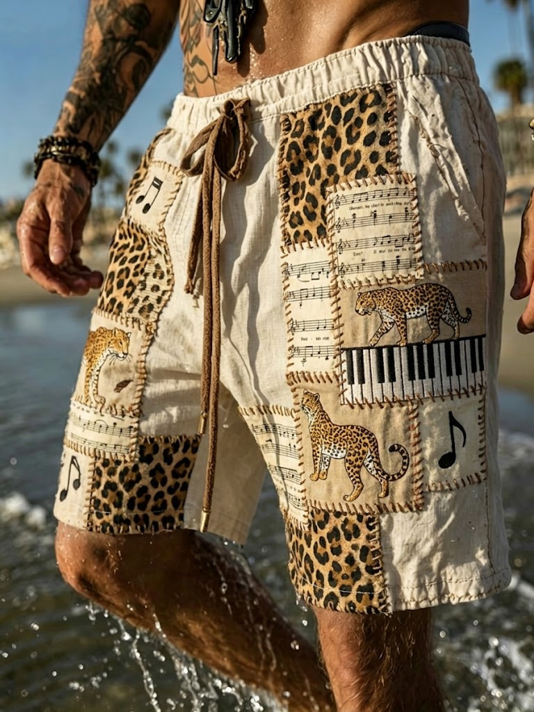 Men's Sheet Music Piano Keys Leopard Print Casual Shorts