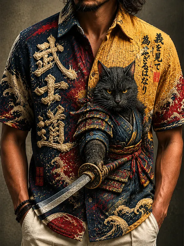 Men's Samurai Black Cat with Katana Armor Print Short Sleeve Shirt