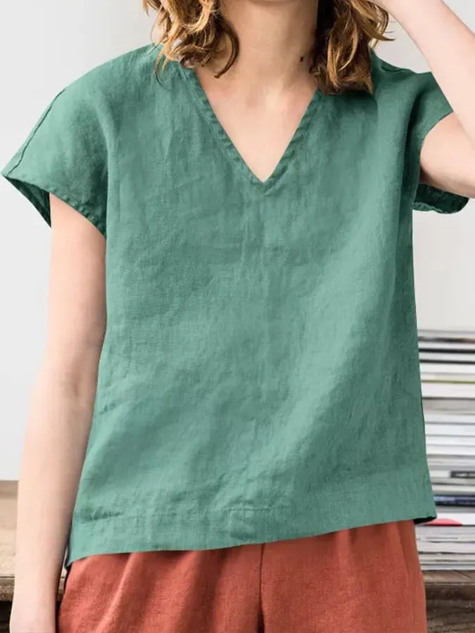 Women's Cotton Linen V-Neck Loose Simple Shirt