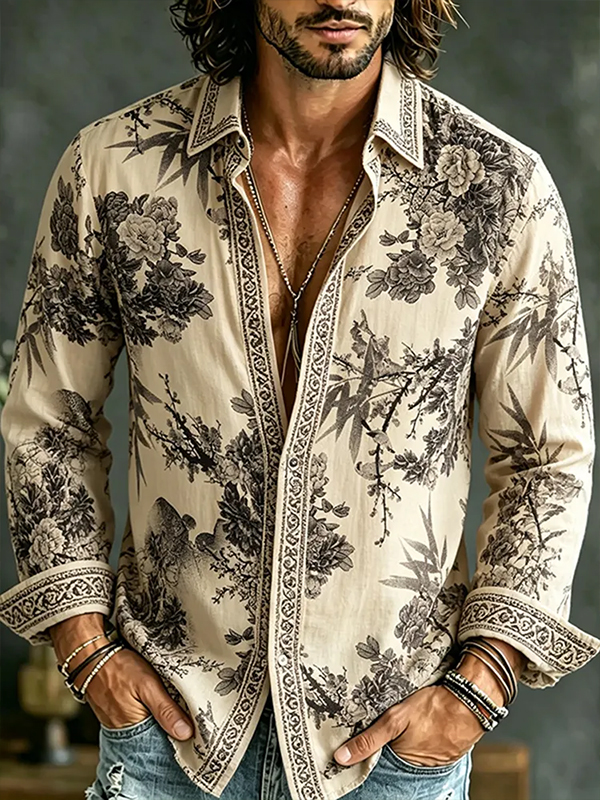 Men's Bamboo And Flower Ink Painting Art Print Long Sleeve Shirt