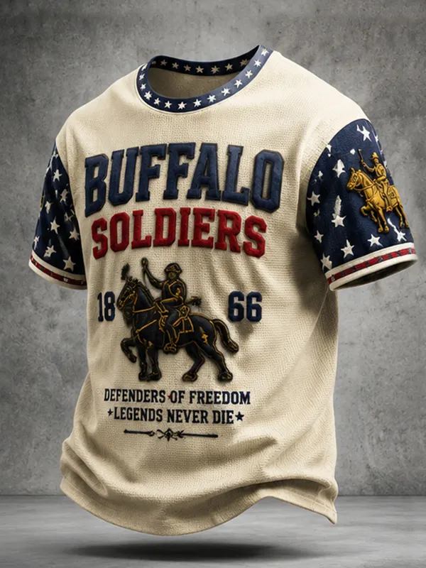 Men's Buffalo Soldiers 1866 Cavalry Horse American Flag Star Print T-Shirt