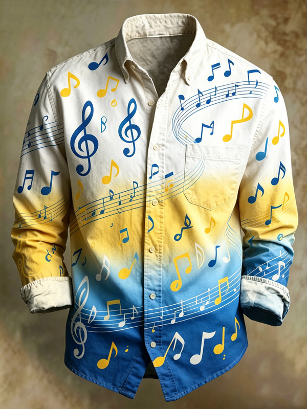 Men's Musical Notes Gradient Print Long Sleeve Shirt