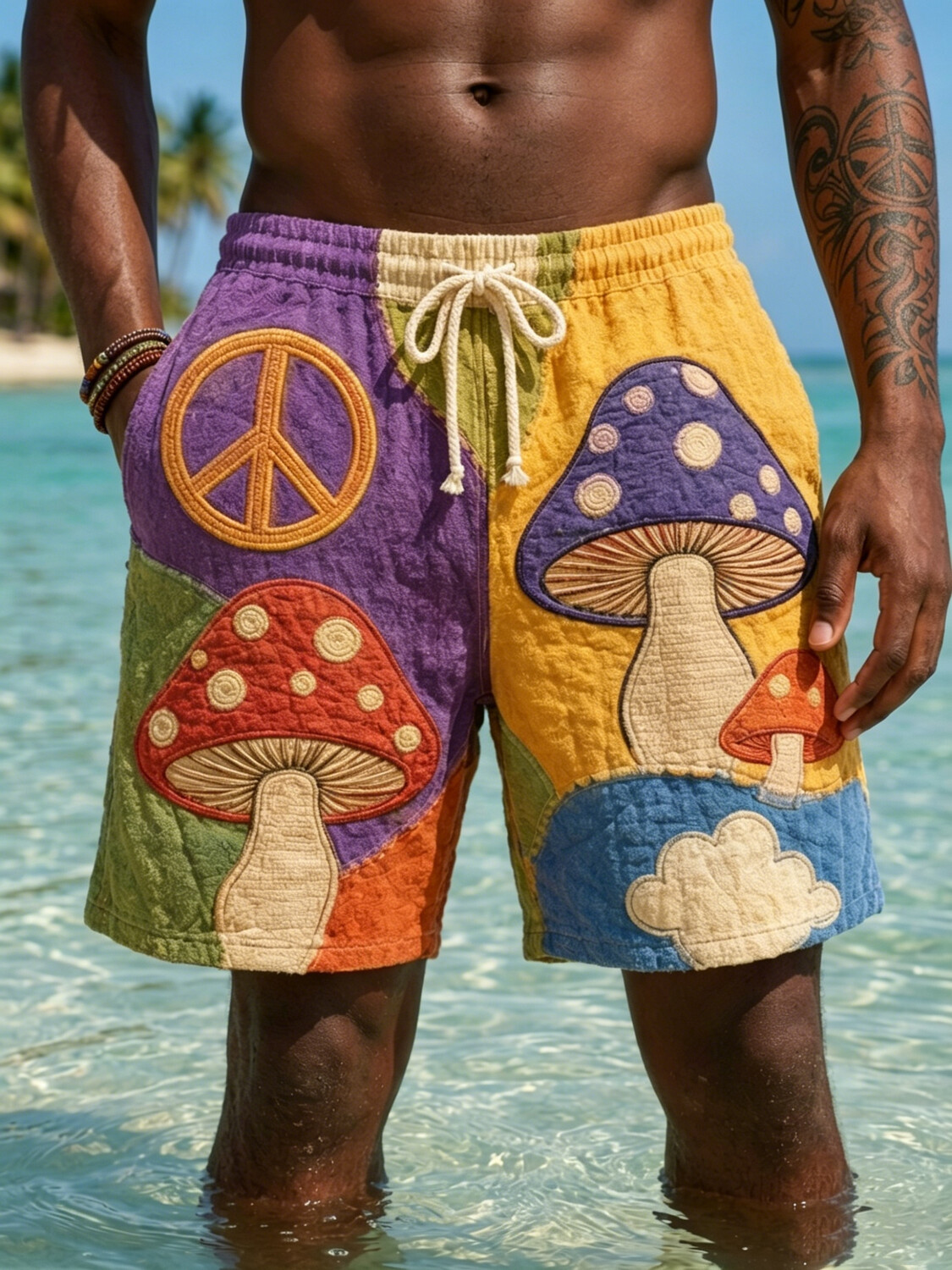 Men's Hippie Art Colorblock Peace Sign Mushroom Print Casual Shorts